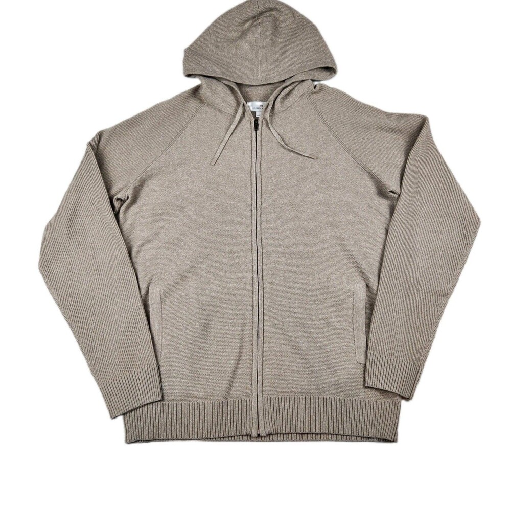 Modern Ambition Full Zip Hooded Sweater Mens L Beige Ribbed Cuff/Hem Casual